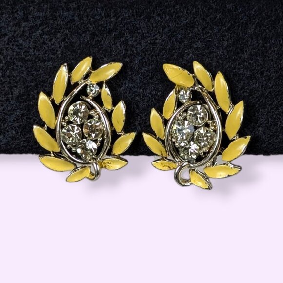V. Lisner Yellow Enamel Rhinestone Earrings - Picture 1 of 6